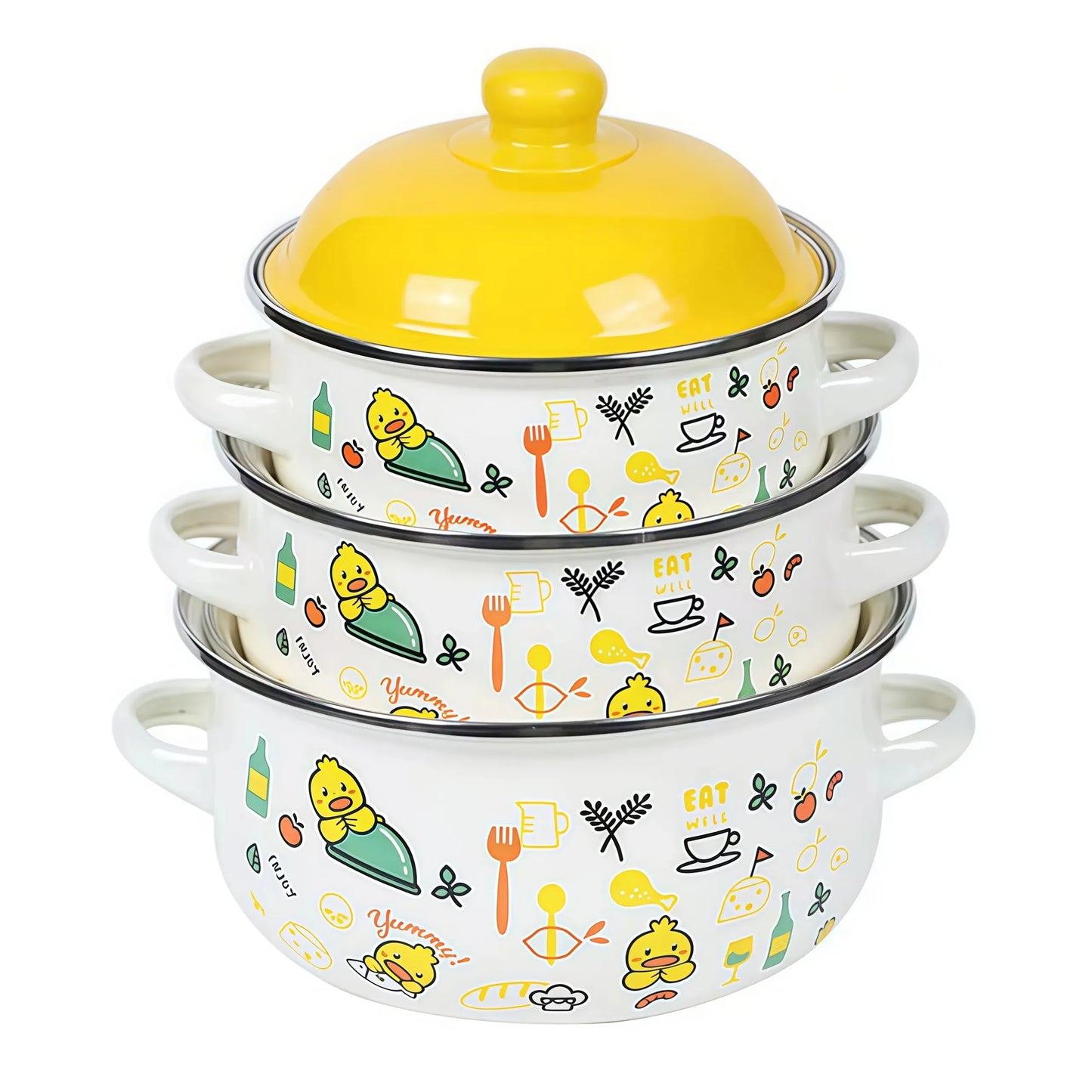 Retro 3pc Flat Bottom Vintage Enamel Stock Pot Set w/Lid, 34oz/51oz/68oz