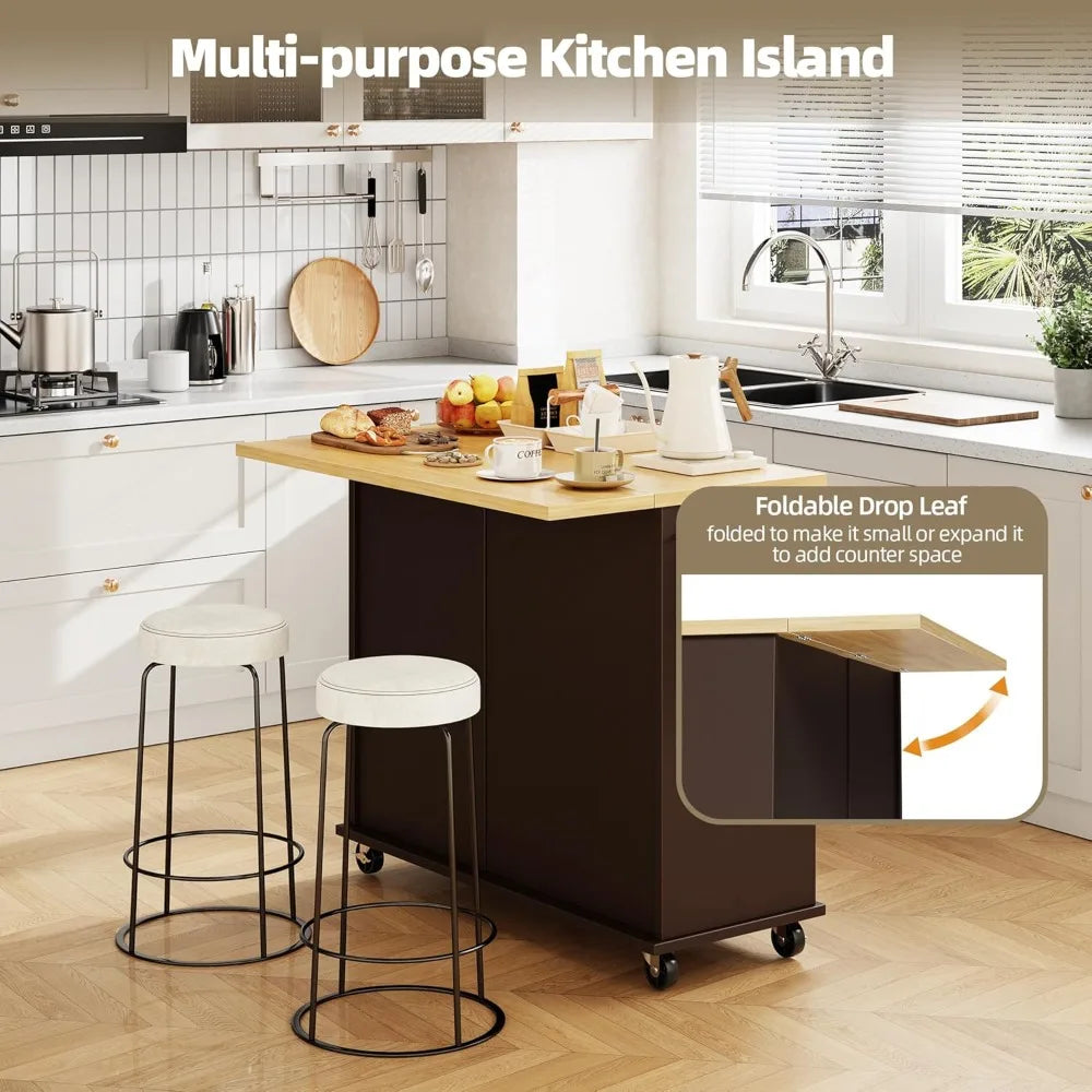Rolling Kitchen Island Cart w/ Storage, Drop Leaf