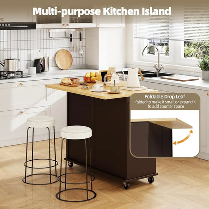 Rolling Kitchen Island Cart w/ Storage, Drop Leaf