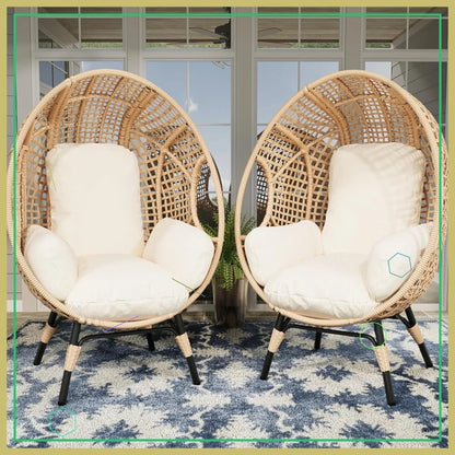 2 Pcs Oversized Wicker Egg Chair w/Cushion, 500lbs Capacity
