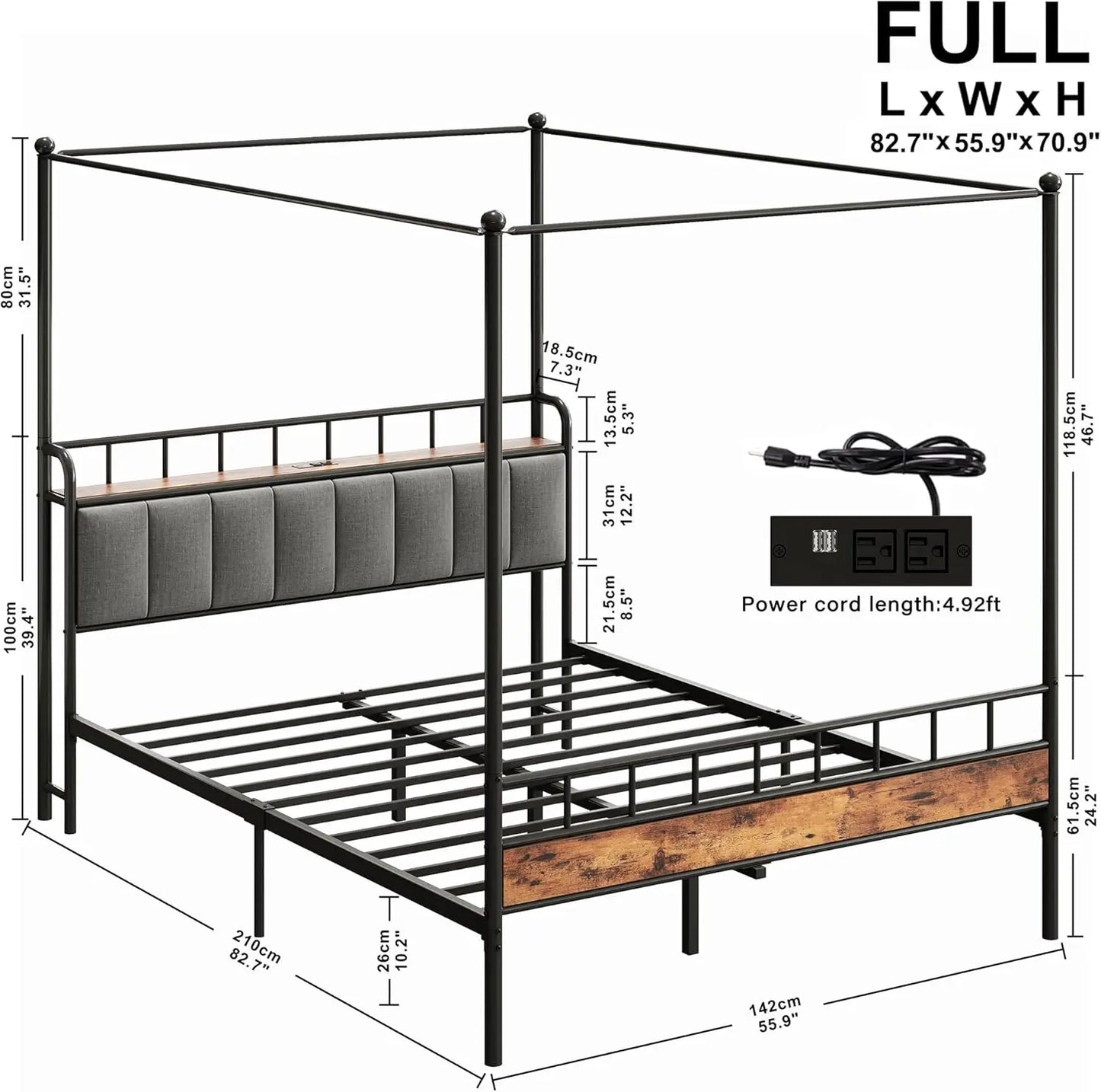 Queen Canopy Bed Frame, Storage and Headboard w/Charging Station