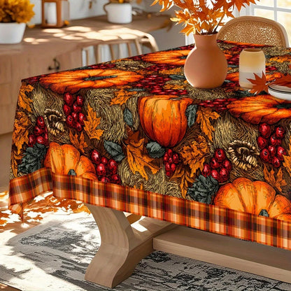 Autumn Pumpkin Maple Leaf Pattern Tablecloth, Plaid, Decorative Edges, Polyester