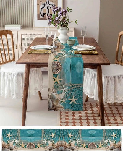 Summer Beach Starfish Shell Linen Table Runner