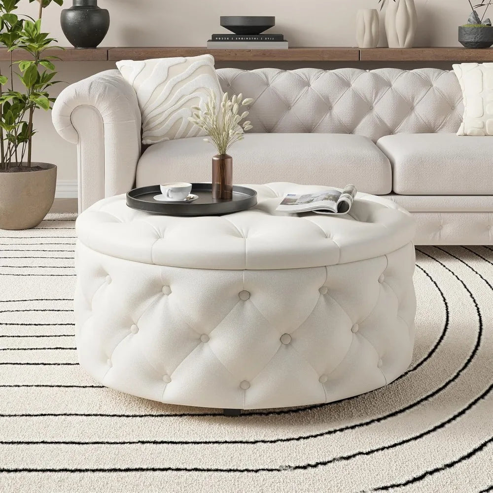 30 Inch Round Storage Ottoman, Coffee Table, Footstool