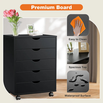 5 Drawer Waterproof Surface Wood Nightstand Cabinet w/Wheels