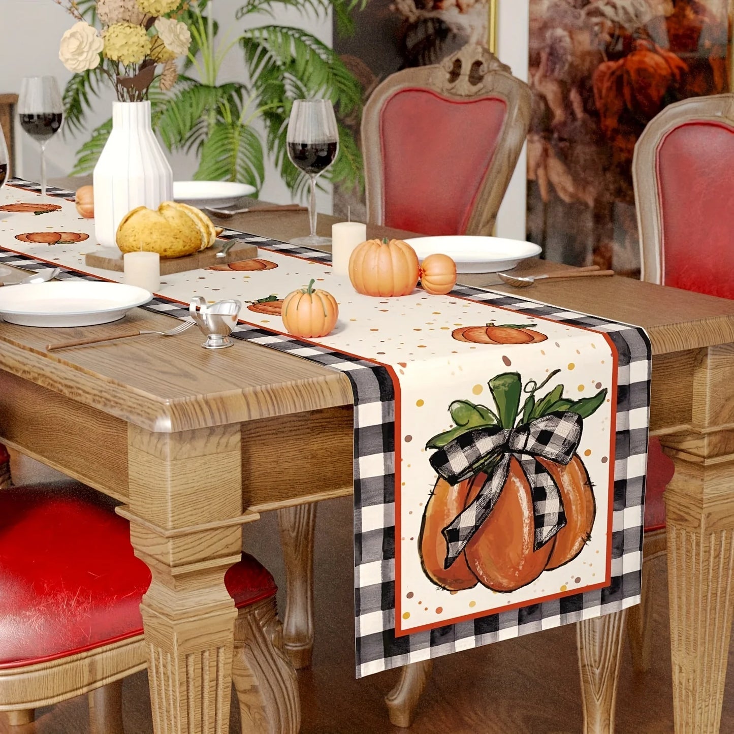 1pc (3 sizes) Fall Table Runner Buffalo Plaid Check Pumpkins Leaves