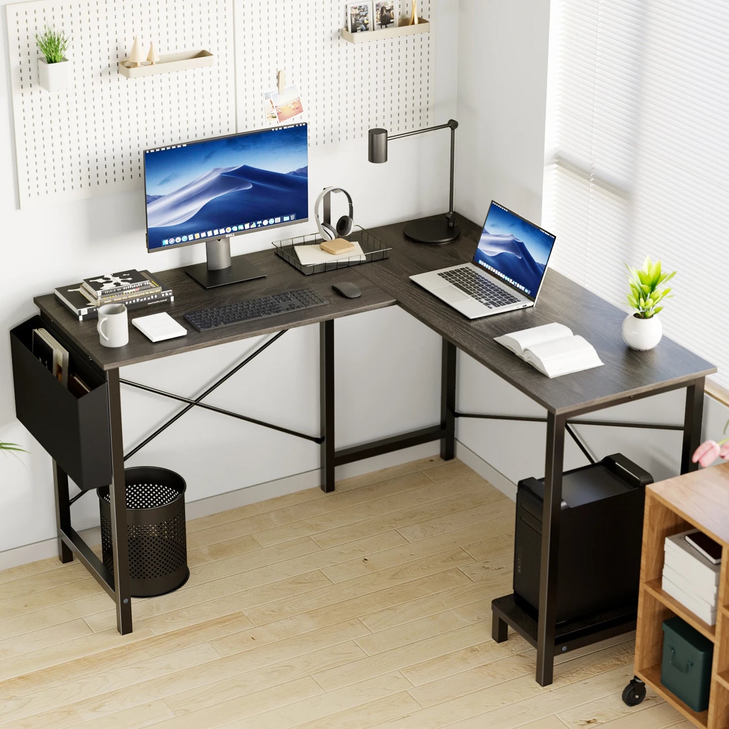 50" Corner Wooden Table with CPU Storage Shelf & Side Bag