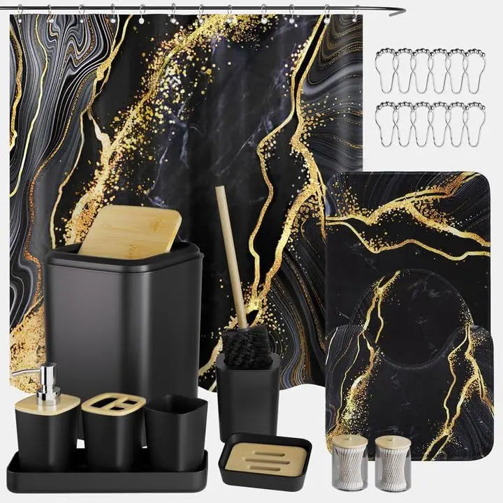 Black and Gold Waterproof Shower Curtain Set w/Non-Slip Rugs