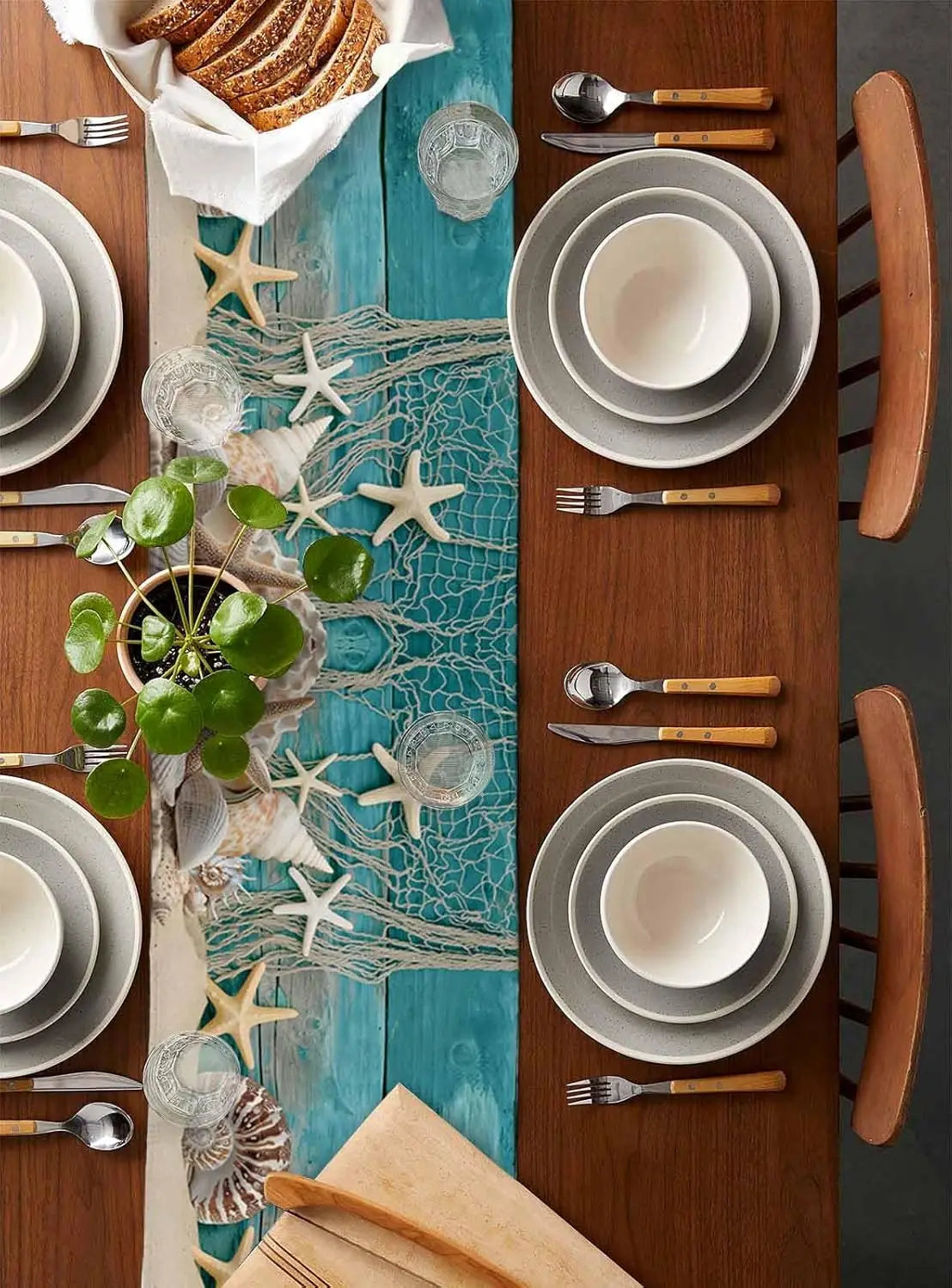 Summer Beach Starfish Shell Linen Table Runner