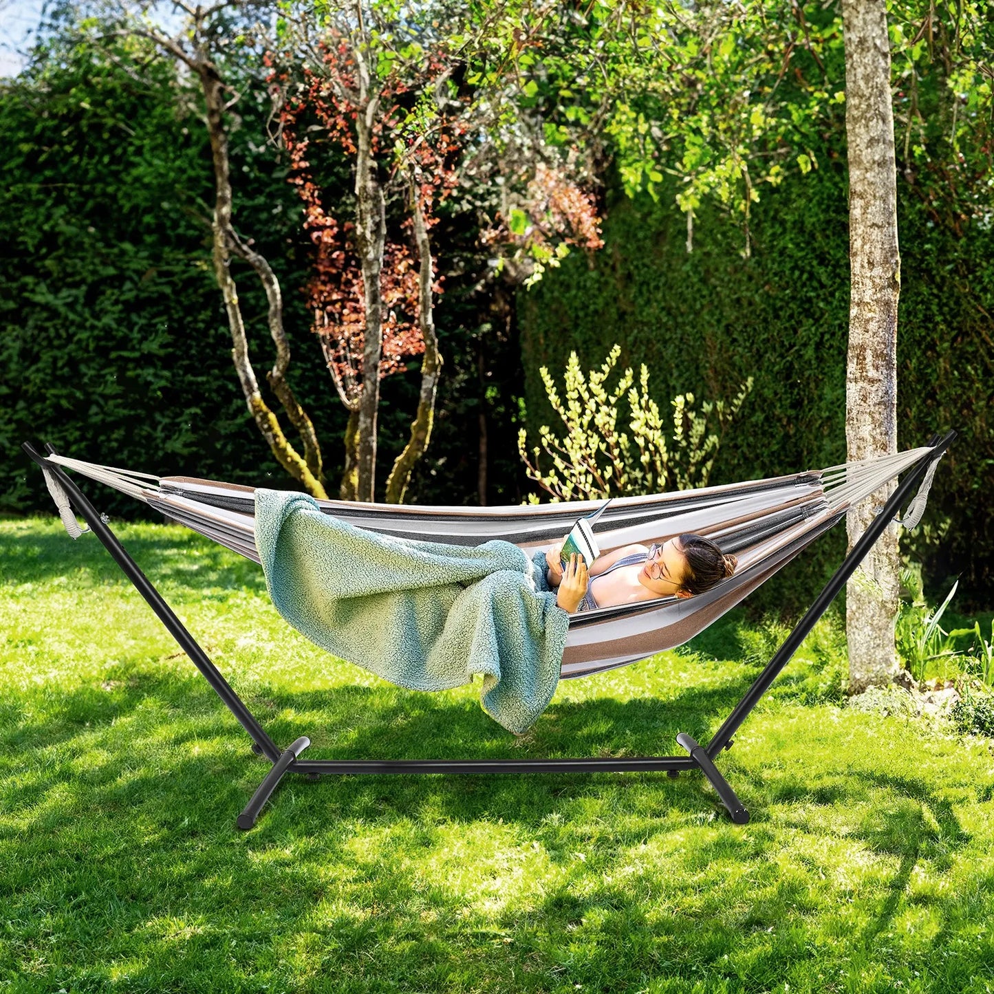 9ft Iron Hammock, Black Frame w/Polyester and Cotton, 330 LBS
