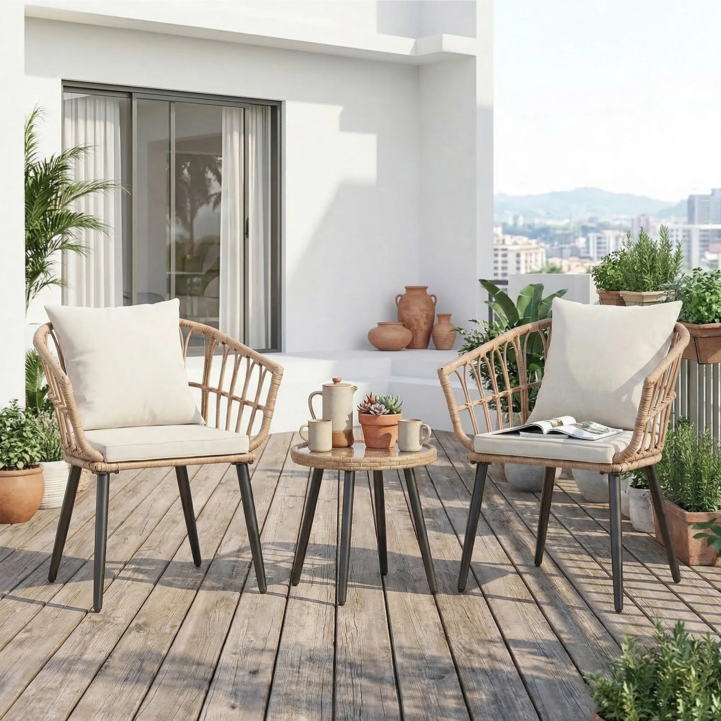 3pc Wicker Outdoor Set w/Soft Cushion, Glass Table