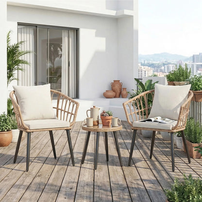 3pc Wicker Outdoor Set w/Soft Cushion, Glass Table