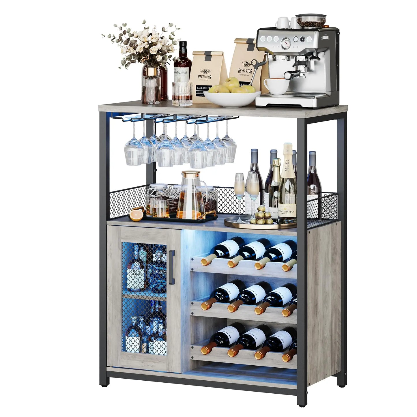 3-Tier Wine Bar Cabinet w/Adjustable Shelves & Glass Holders