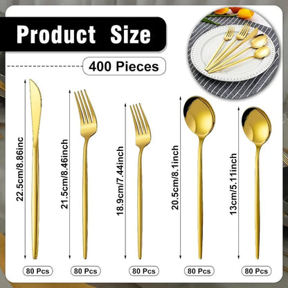 400 Pcs Gold Silverware Stainless Steel Flatware Portable Gold Utensils Reusable Tableware Cutlery for Home