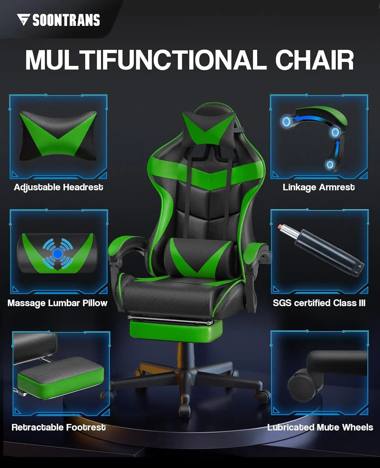 Ergonomic Adjustable Gaming Chair w/Footrest, Headrest, Lumbar Support