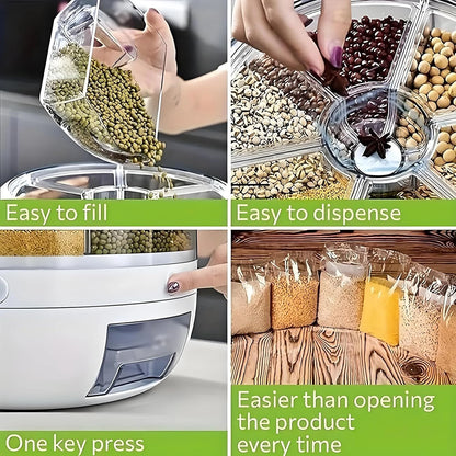 Rotating Grain Storage Container, 6-Compartment, One-Touch, Moisture-Proof