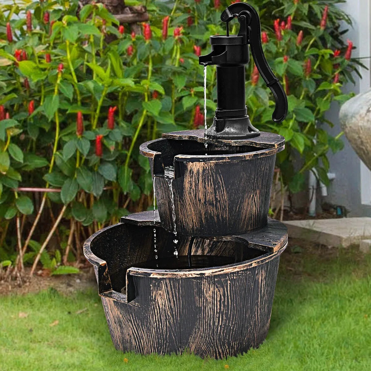 Rustic 2 Tier Barrel Waterfall Fountain with Pump