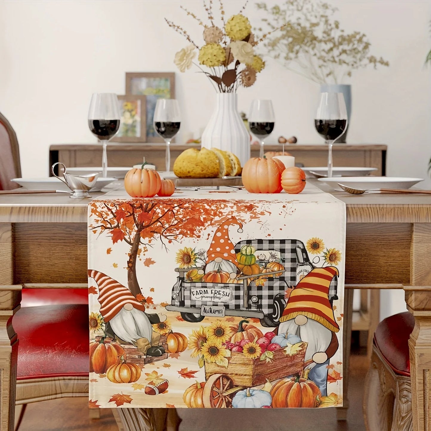 1pc Thanksgiving Table Runner, Gnomes Pumpkin Sunflower Truck Buffalo Plaid Fall