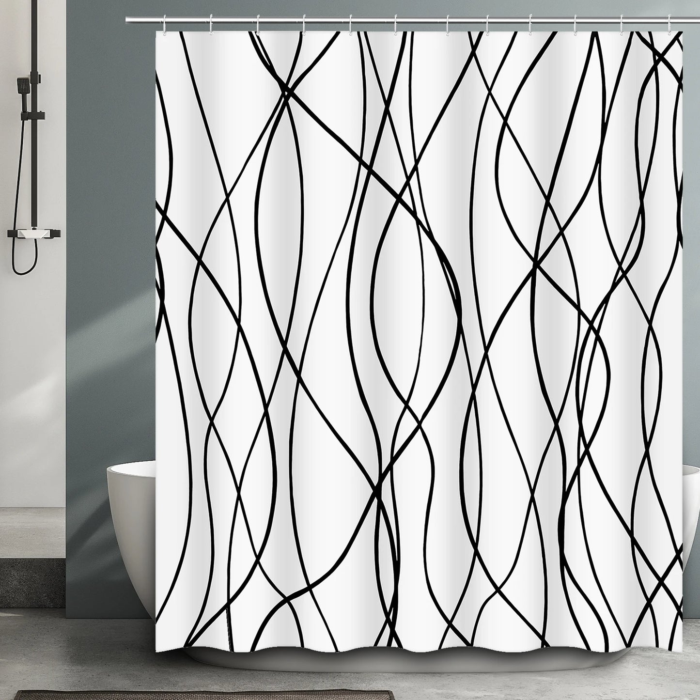 Minimalist Waterproof Polyester Fabric Shower Curtain Set w/12 Hooks
