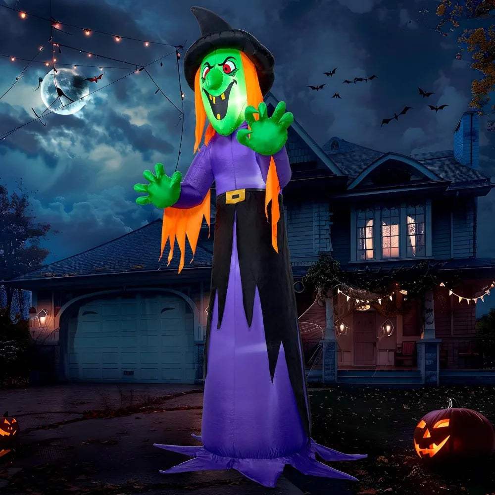 12' Tall Witch Halloween Inflatable Outdoor Decorations with Built-in LED Lights