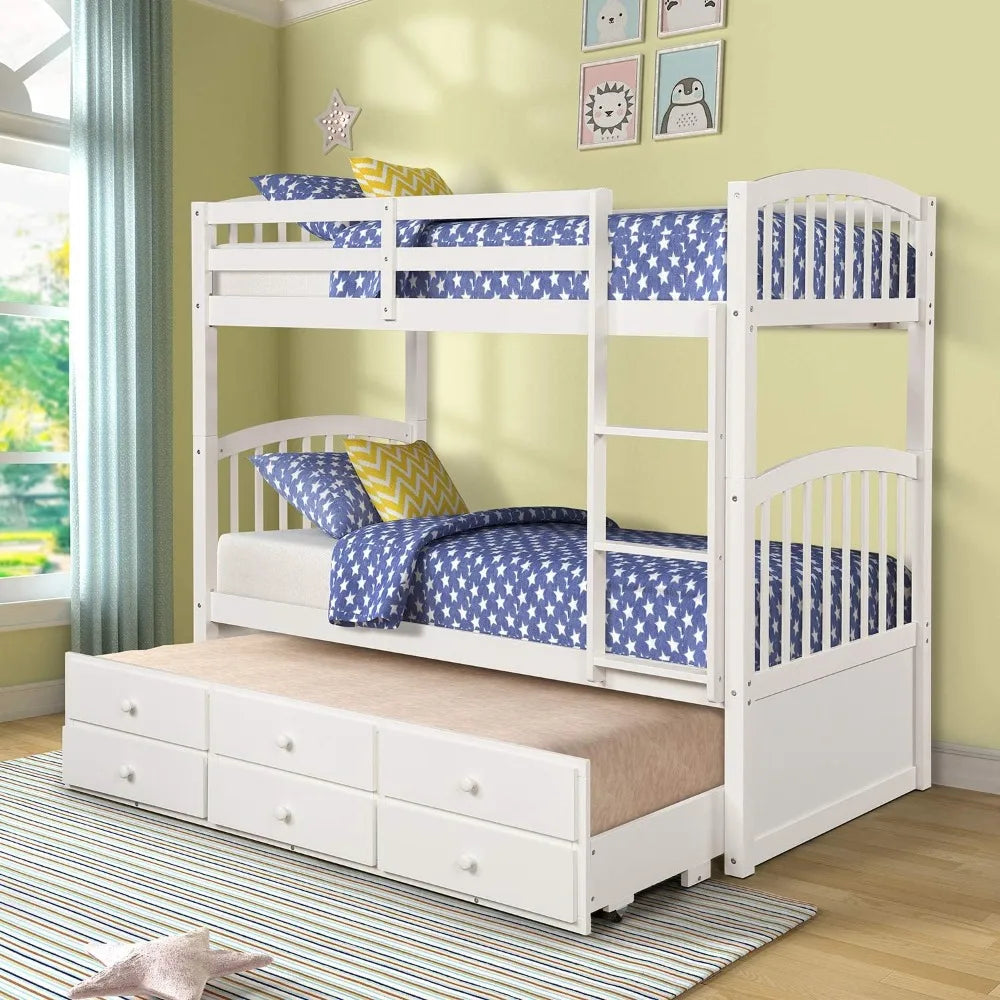 Twin Over Twin Bunk Bed with Trundle, 3 Drawers, Safety Rail, Ladder - Convertible to 3 Beds, White
