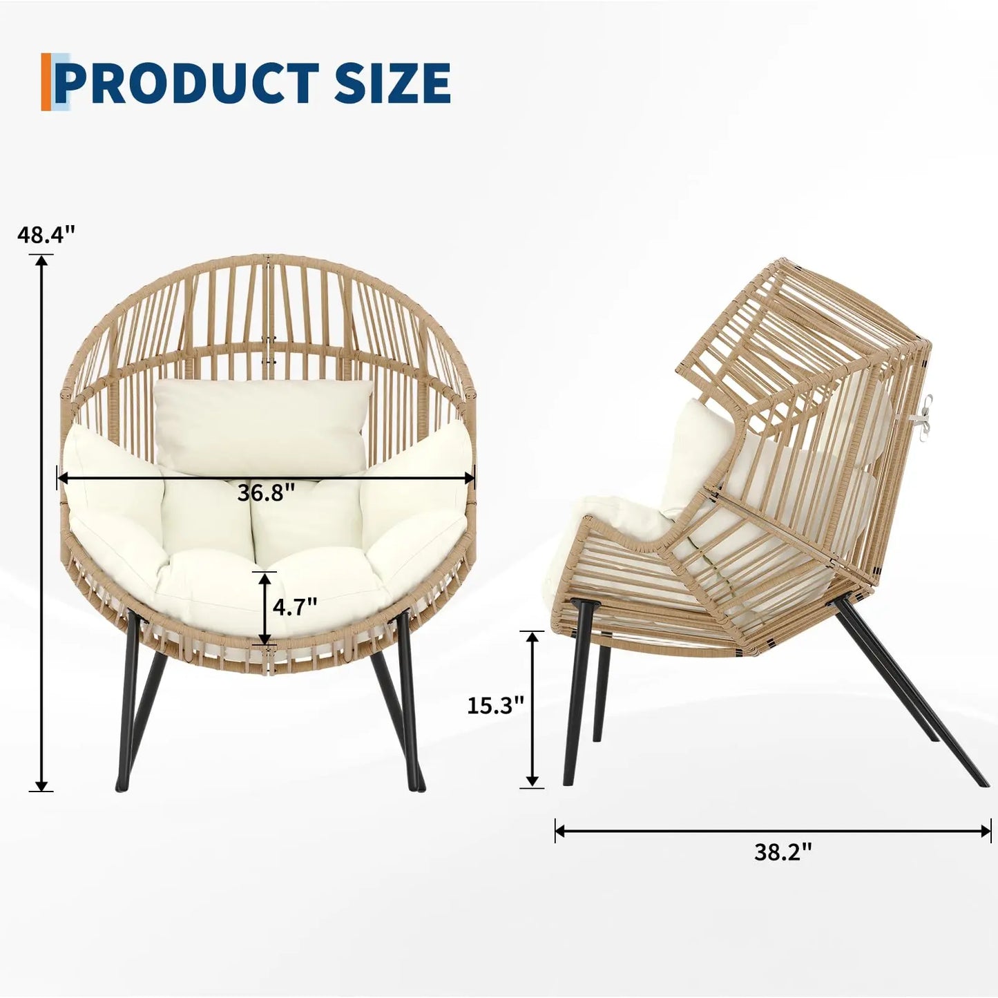 Oversized Ergonomic Papasan Wicker Egg Lounge Chair, Cushions