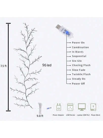 1pc 96 LED 6Ft Flexible Tree Branch Willow Fairy Lights w/8 Modes