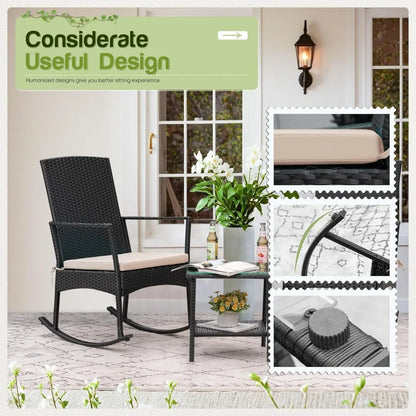 Outdoor High Back Rocking Chair Set w/Glass Table, Beige