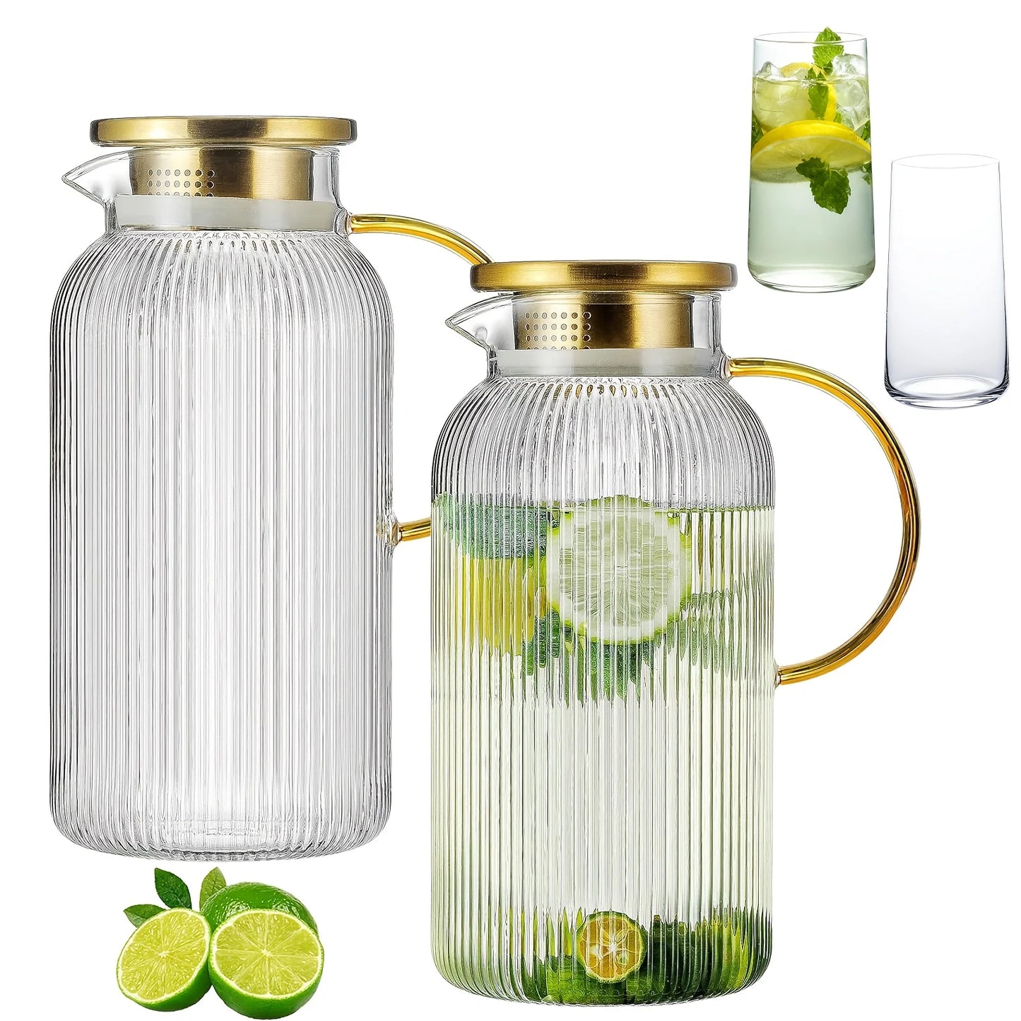 2/4pk Glass Pitcher 68 Oz/2 Liter Classic Vertical Stripes w/Lid