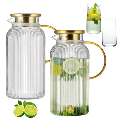 2/4pk Glass Pitcher 68 Oz/2 Liter Classic Vertical Stripes w/Lid