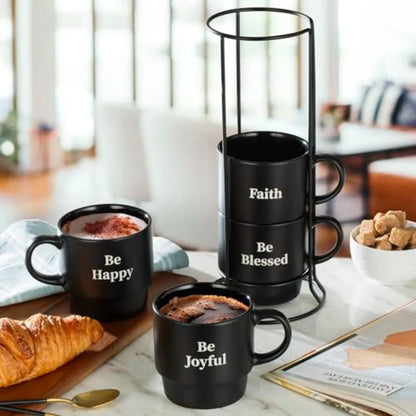 Stackable Coffee Mug Set with Metal Wire Rack