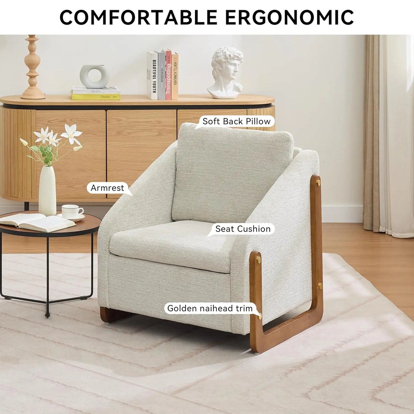 Chenille Fabric Chair w/ Wooden Side Frame, Comfortable Lounge
