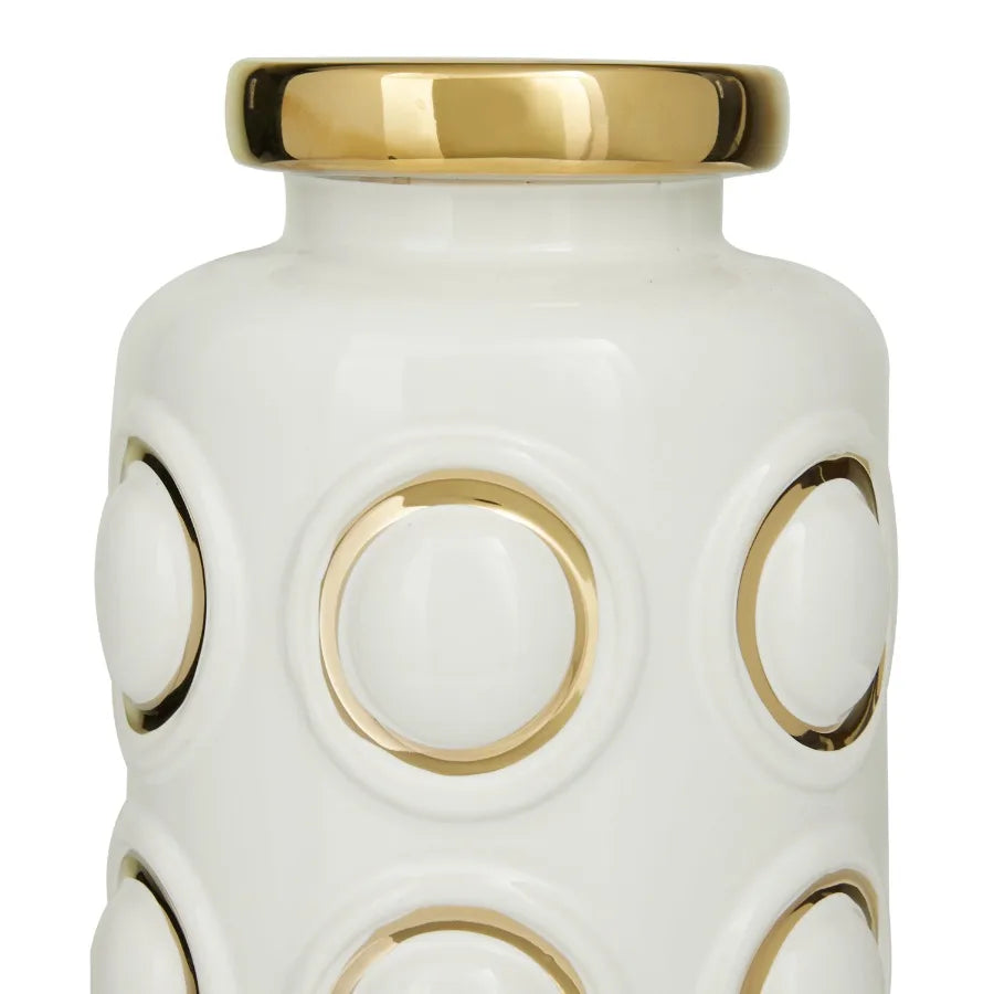 12" White Ceramic Vase with Gold Circle Accents