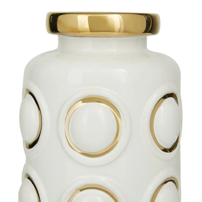 12" White Ceramic Vase with Gold Circle Accents