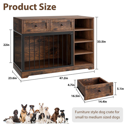 Decorative 47" Indoor Dog Crate With 2 Drawers & 4 Shelves