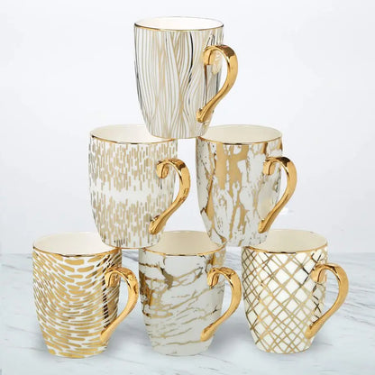 6pc Porcelain Coffee Mug Set, Gold Plated Finish,