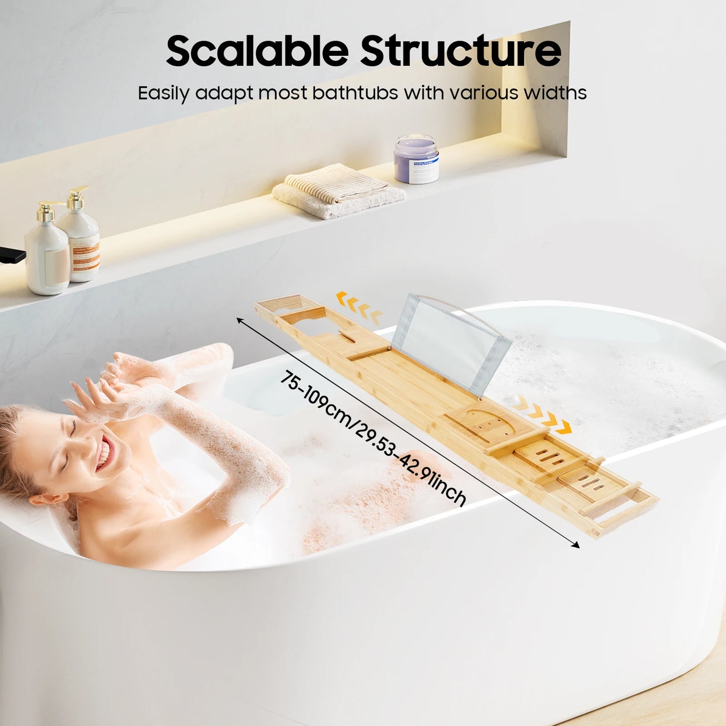 Expandable Bamboo Bathtub Tray 29.5"x42.9" Waterproof Bath Caddy