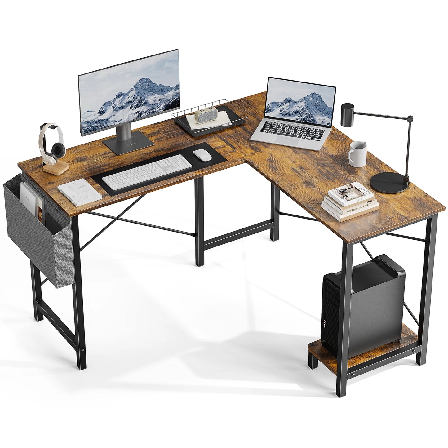 50" Corner Wooden Table with CPU Storage Shelf & Side Bag
