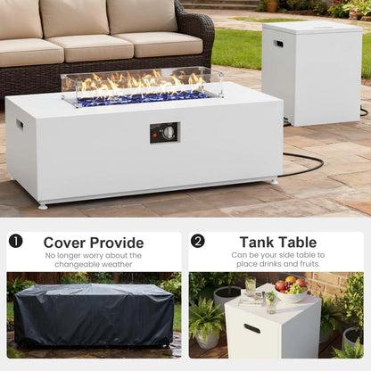 Rectangle 42" Propane Firepit Table w/Tank Holder, Wind Guard, Lid, Glass Stones and Cover