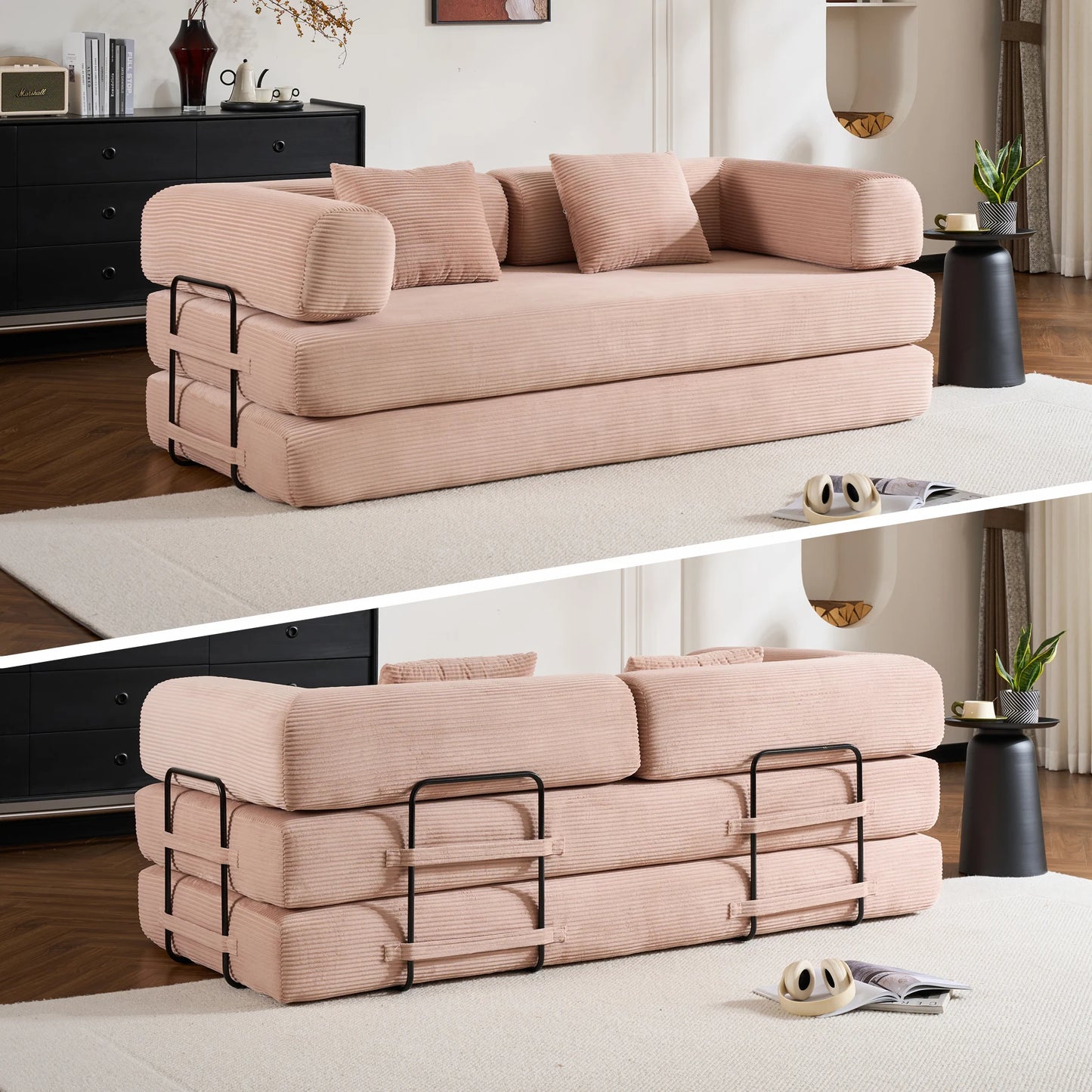 79" Folding Convertible Sofa Bed, Oversized Corduroy Futon, Boneless Loveseat