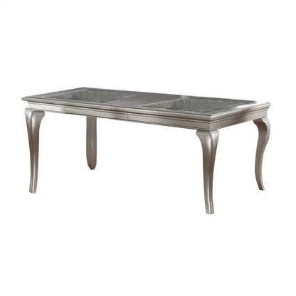 7pc Rect. Glass Dining Table, Silver Hue, 6 Tufted Side Chairs