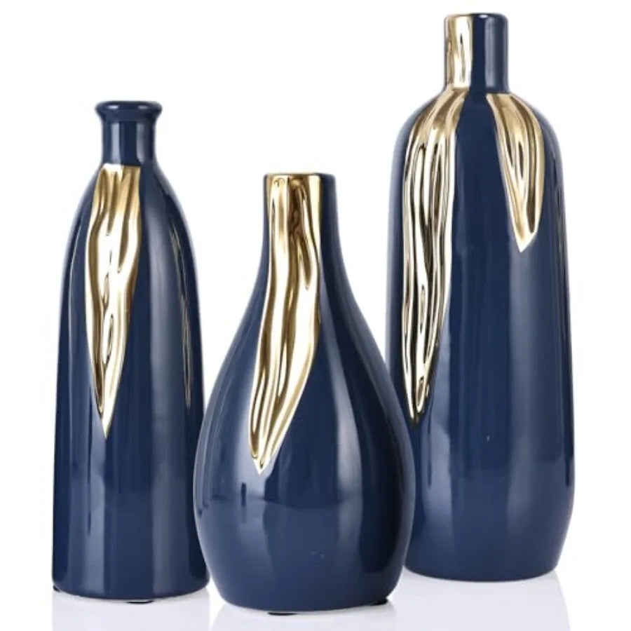 Ceramic Vase 3 Pcs Set, White and Gold Vases