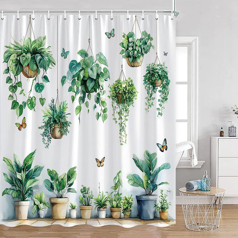 Cute Greenery Print Shower Curtain with Hooks