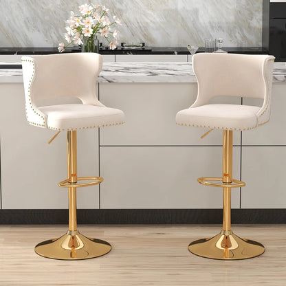 Set (2) Velvet Upholstered, Adjustable, Swivel, Curved Back Barstool