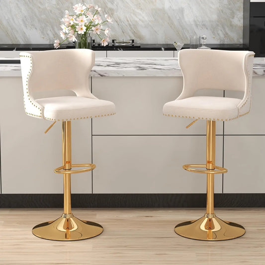 Set (2) Velvet Upholstered, Adjustable, Swivel, Curved Back Barstool