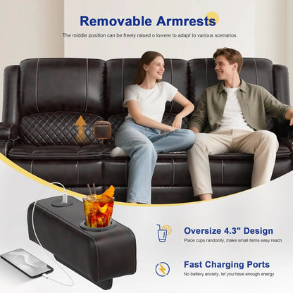 PU Leather Recliner Sofa w/Console, Cup Holders, USB Ports,