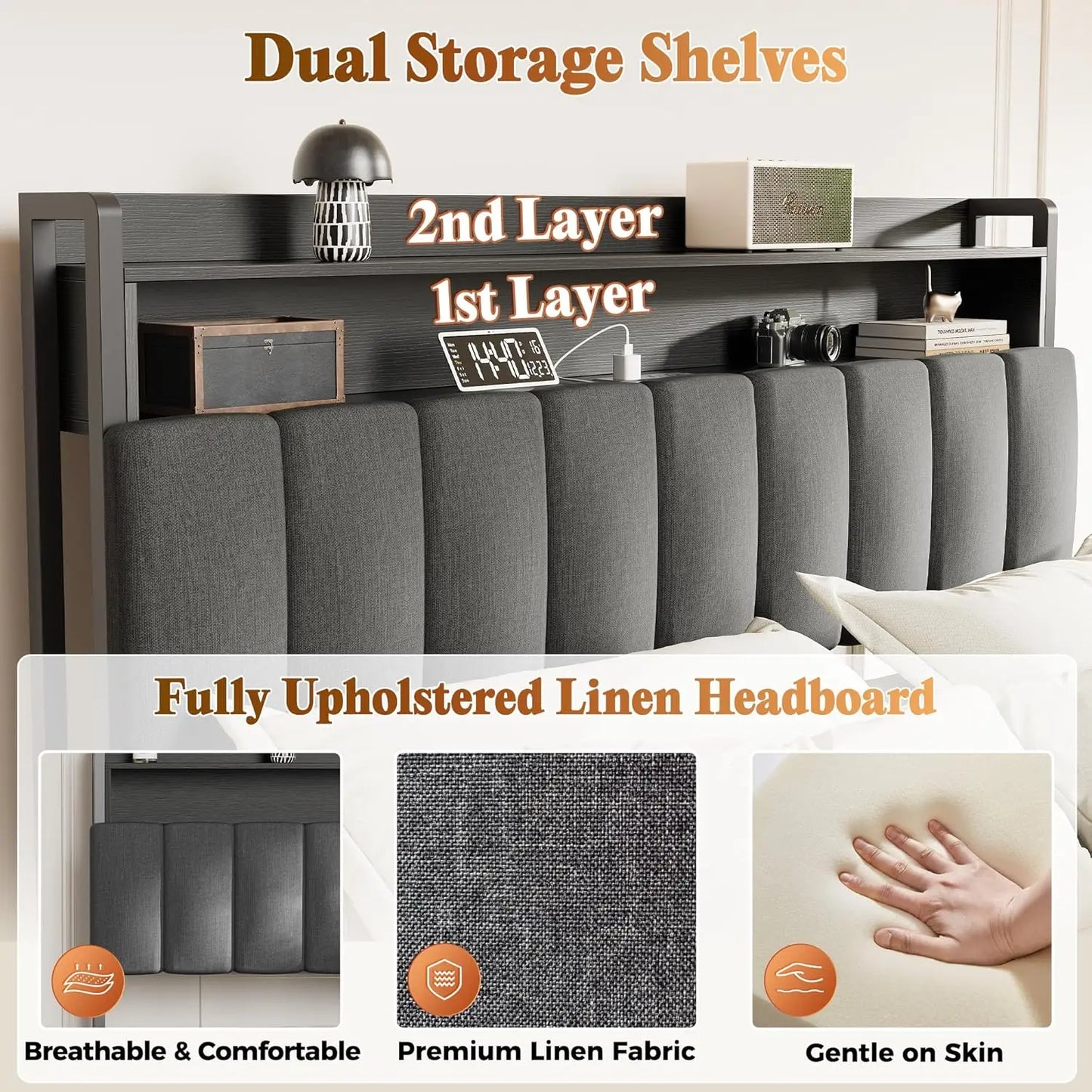 Queen Bed Frame, Upholstered Headboard, 4 Drawers, Charging Station,