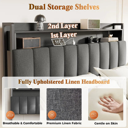 Queen Bed Frame, Upholstered Headboard, 4 Drawers, Charging Station,