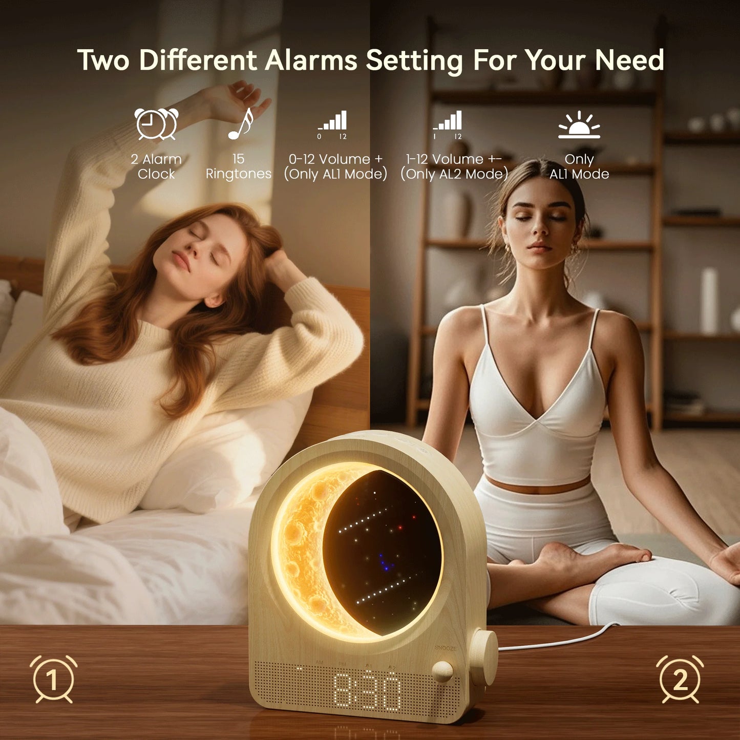 Sunrise Alarm Clocks for Bedrooms, Stepless Dimmable Moon Lamp Dual Alarm Clock
