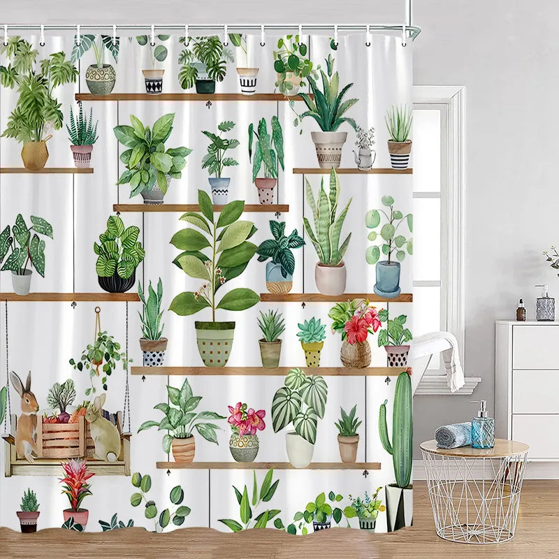 Cute Greenery Print Shower Curtain with Hooks